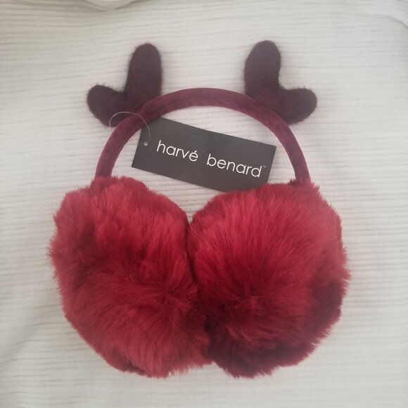 NWT Harve Benard Burgundy Red Fluffy Earmuffs with Antlers Adult - Picture 1 of 3